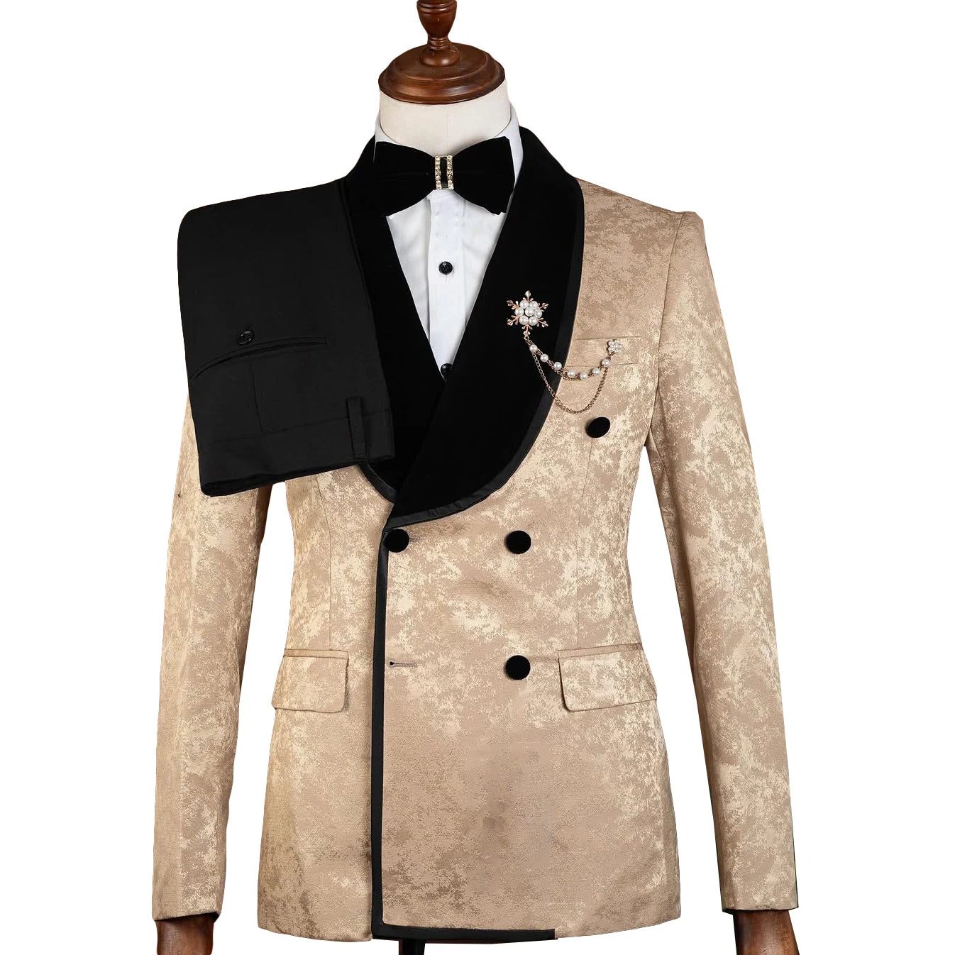Modern Men Suits Jacquard 2 Pieces Set Tailor-Made Velvet Jacket Shawl Lapel Blazer Double Breasted Groom Customized Coat Pants