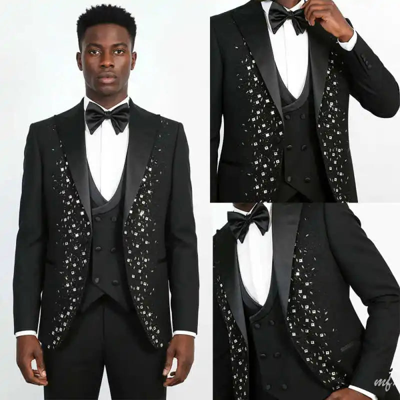 Luxury Wedding Tuxedos Beaded 3 Pcs Jacket Vest Pants Groom Suit Single Breasted Peaked Lapel Evening  Party Outfits Customized