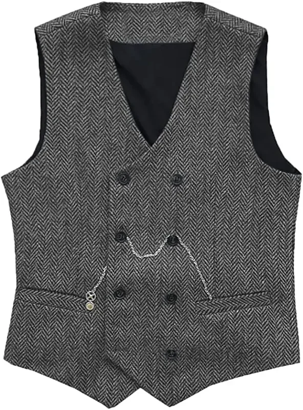 Gilet de costume une pièce à col en V pour homme, gilet croisé en laine à chevrons et tweed, gilet de smoking pour garçons d'honneur pour mariage
