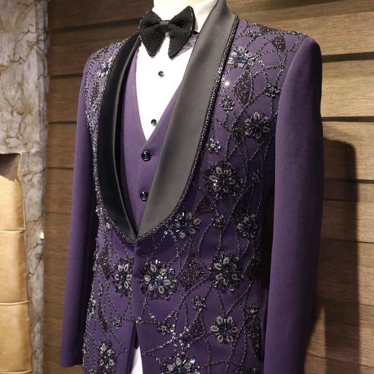 Luxury Gem Men Suits Slim Fit Wedding Tuxedo Customized Diamond  3 Piece Sets Groom Male Blazers Peak Lapel Party Homme