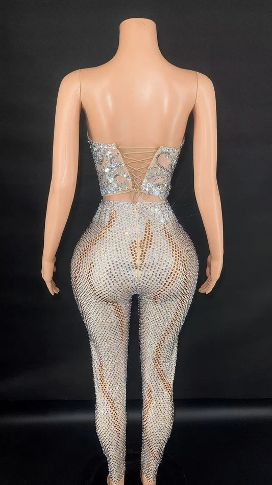 Combinaison à paillettes scintillantes pour femme, manches longues, décolleté en V profond, tenue de soirée, de discothèque, de chanteur, de scène