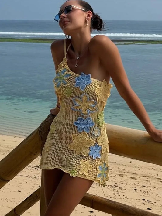 Sexy Crochet Strap Short Dress Women Color Flower Skew-collar Sleeveless Beach Dresses Female Fashion Hallow Out Robe Lady