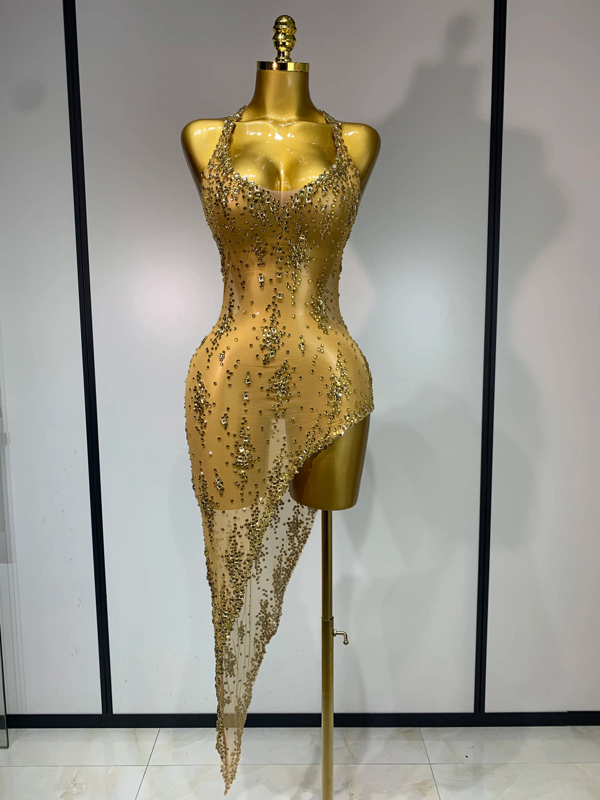 Sparkly Crystal Diamond Gold Sexy See-Through Sheath Dress Nightclub Performance Custom Stage Wear Birthday Evening Party Dress