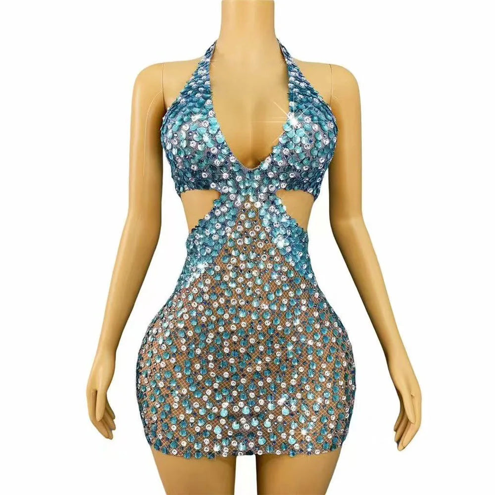 Sexy Flashing Seashell Sequins Rhinestones Halterneck Backless Dress Evening Birthday Celebrate Gown Show Stage Wear Outfit