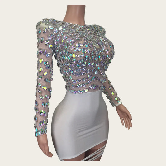 Fashion Long Sleeves White Crystal Rhinestone Hip Wrapped Night Gown Sexy Casual Elegant Women Club Prom Party Dress Stage Wear