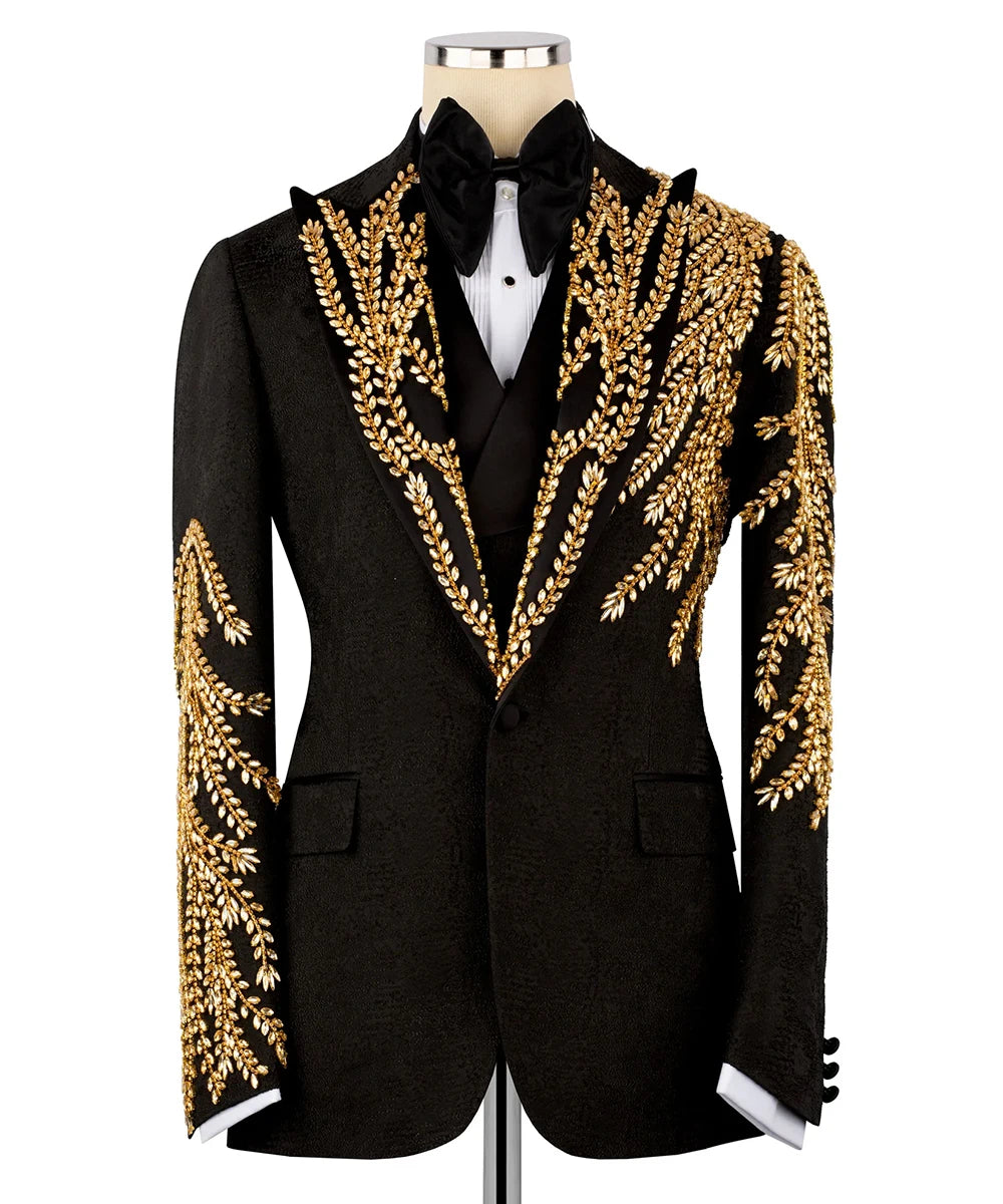 Luxury Men Suit Jacquard 2-Piece Blazer Single Breasted Jacket Beaded Slim Fit Wedding Tuxedo Groom Prom Customized