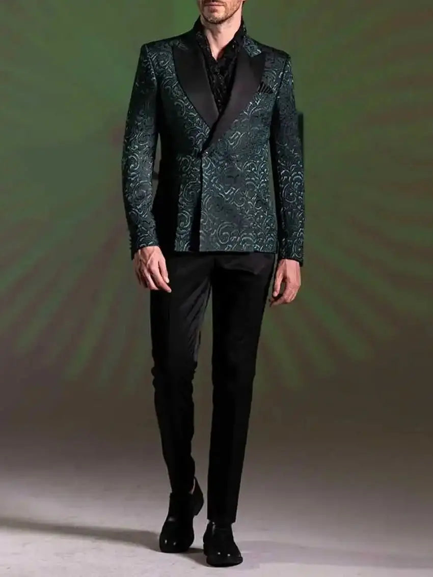 Elegant Jacquard Men's Suits 2 Pieces Blazer Pants Peaked Velvet Lapel One Button Wedding Slim Fit Custom Made Plus Size
