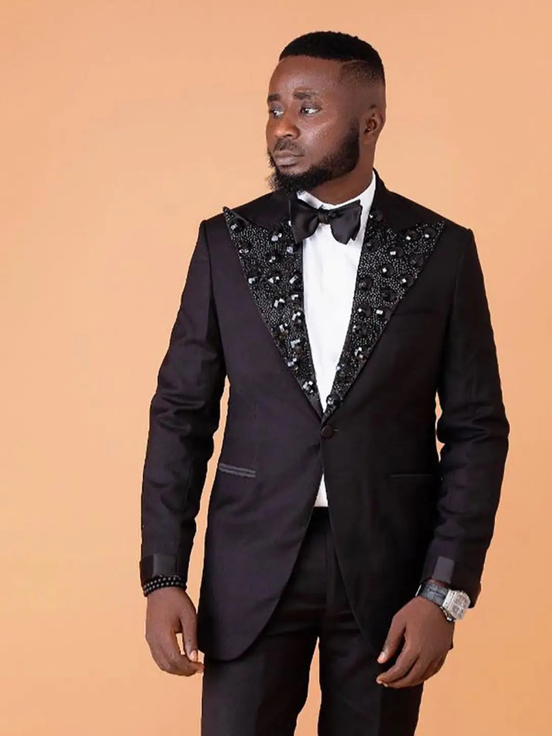 Smoking de mariage pour homme avec perles noires, coupe classique, veste à un bouton, tenue de soirée formelle pour homme, 2 pièces