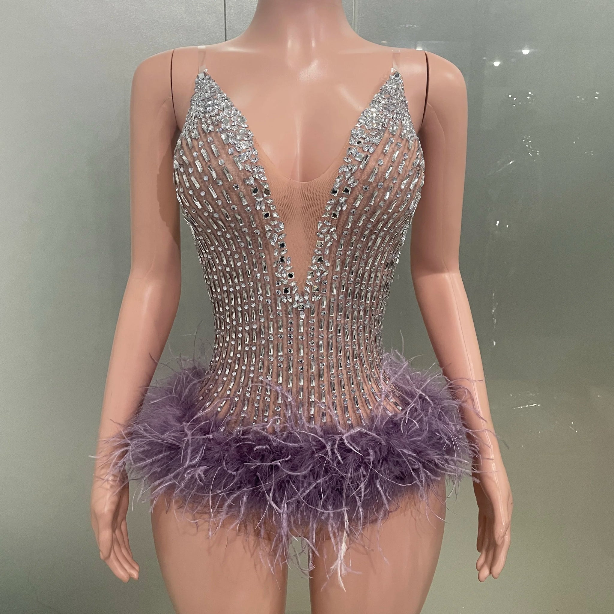 Body de malla sexy con plumas y brillantes de lujo para mujer, ideal para fiestas de cumpleaños, bailes de graduación, clubes y escenarios.