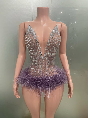 Body de malla sexy con plumas y brillantes de lujo para mujer, ideal para fiestas de cumpleaños, bailes de graduación, clubes y escenarios.