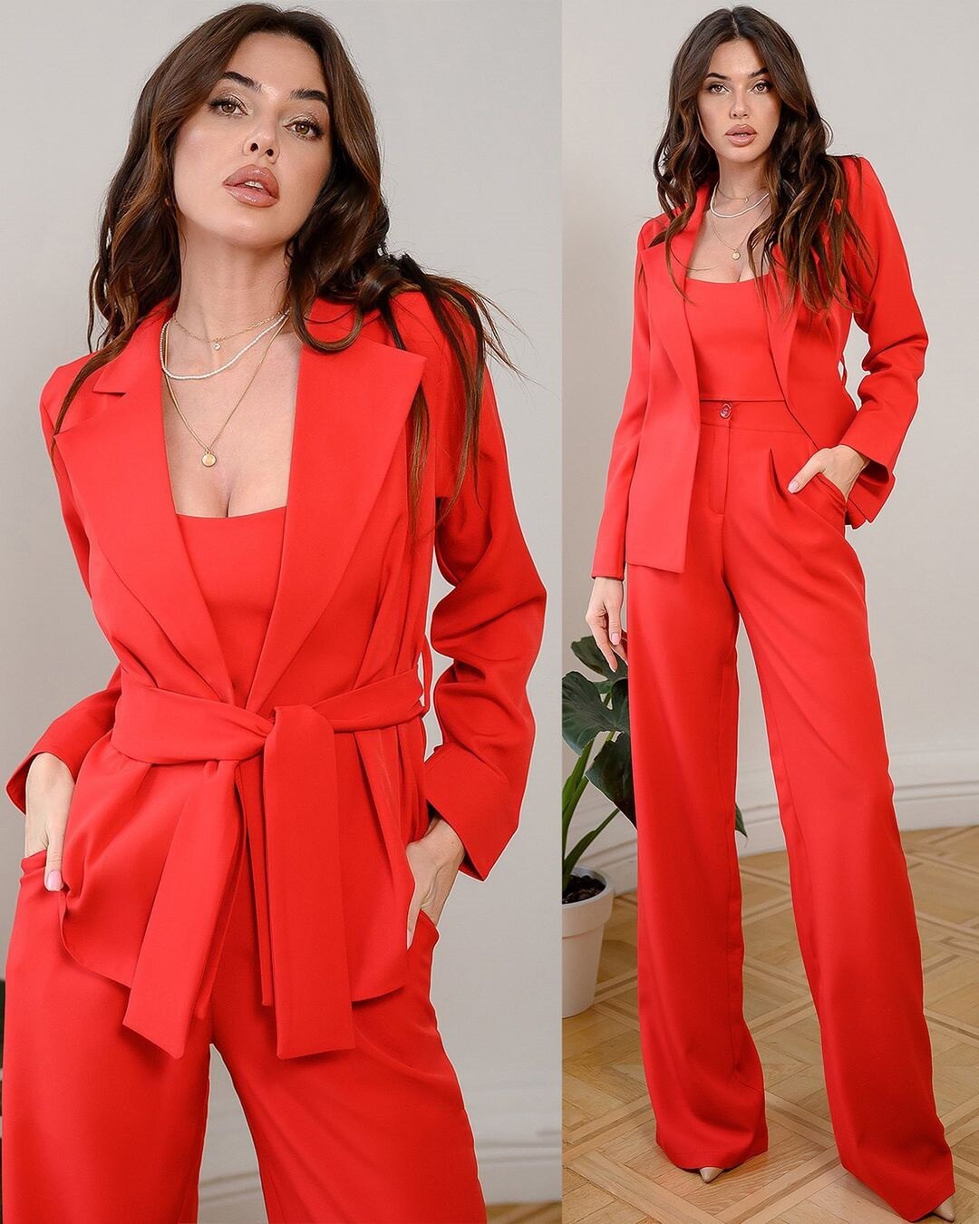 Conjunto de 2 piezas de blazer y pantalón rojo brillante para mujer, cruzado, para oficina, ocio, negocios, a medida. 