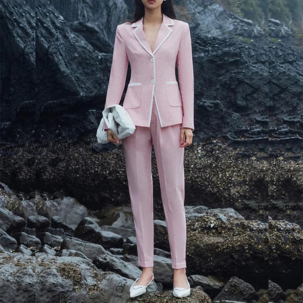 Ensemble 2 pantalons pour femmes, costumes sur mesure, blazer, longueur standard, simple boutonnage, veste à revers cranté avec pantalon