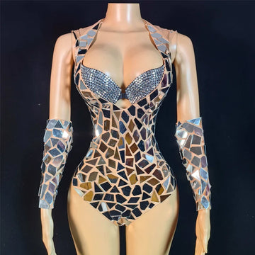 Women Group Jazz Dance Outfit Mirrors Bodysuit Rhinestones Bra Nightclub Ds Dj Gogo Dance Costume Stage Rave Outfits