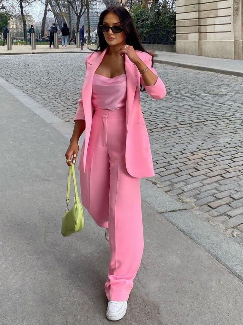 Conjunto de 2 piezas de pantalón holgado rosa para mujer, para boda, sexy, de manga larga 