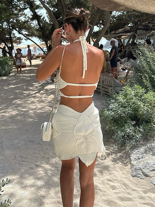 Sexy Hook Knit Beach Mini Dress Women Hollow Out Halter Sleeveless Backless Lace Up Female Dresses Summer Lady Slim Robes