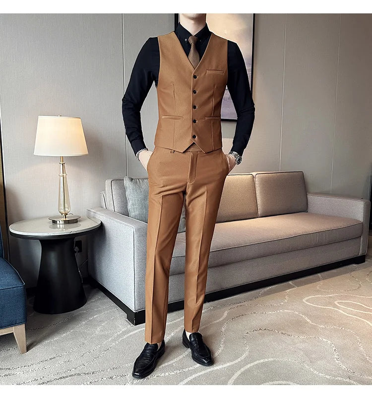 (Chaqueta + chaleco + pantalones) Traje de lujo de primavera para hombre, traje formal para novio, esmoquin de boda, traje ajustado para fiesta de trabajo, 3 piezas