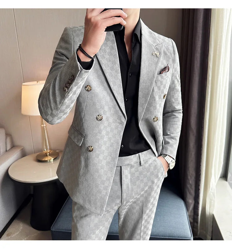 Elegant Double-Breasted Navy Checker Suit for Men – Custom Tailored Business & Wedding Attire, Stylish Formalwear Set