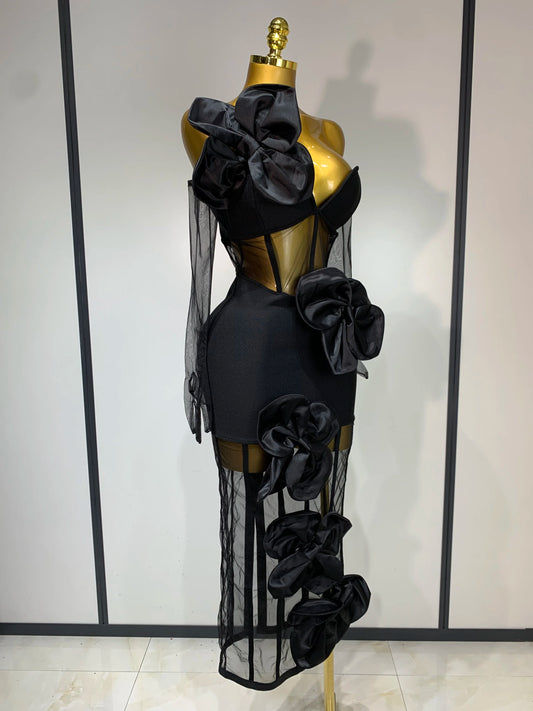 Women Sexy One Shoulder Bow Mesh See Through Bandage Bodycon Dress with Gloves Black Sleeveless Elegant Party Birthday Dresses