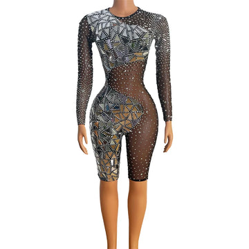 Combinaison extensible à strass scintillants argentés pour femme, tenue de fête d'anniversaire, noire, transparente, en maille et cristal, costume de scène DS 