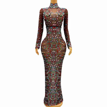 Sexy Sparkly Colorful Rhinestones Long Sleeves Dress Luxurious Evening Brown Mesh Costume Party Celebrate Photo Shoot Dress