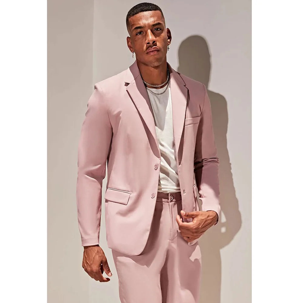 Costume décontracté rose poudré pour homme, simple boutonnage, revers crantés, veste plate 2 pièces, pantalon, tenue de soirée élégante sur mesure