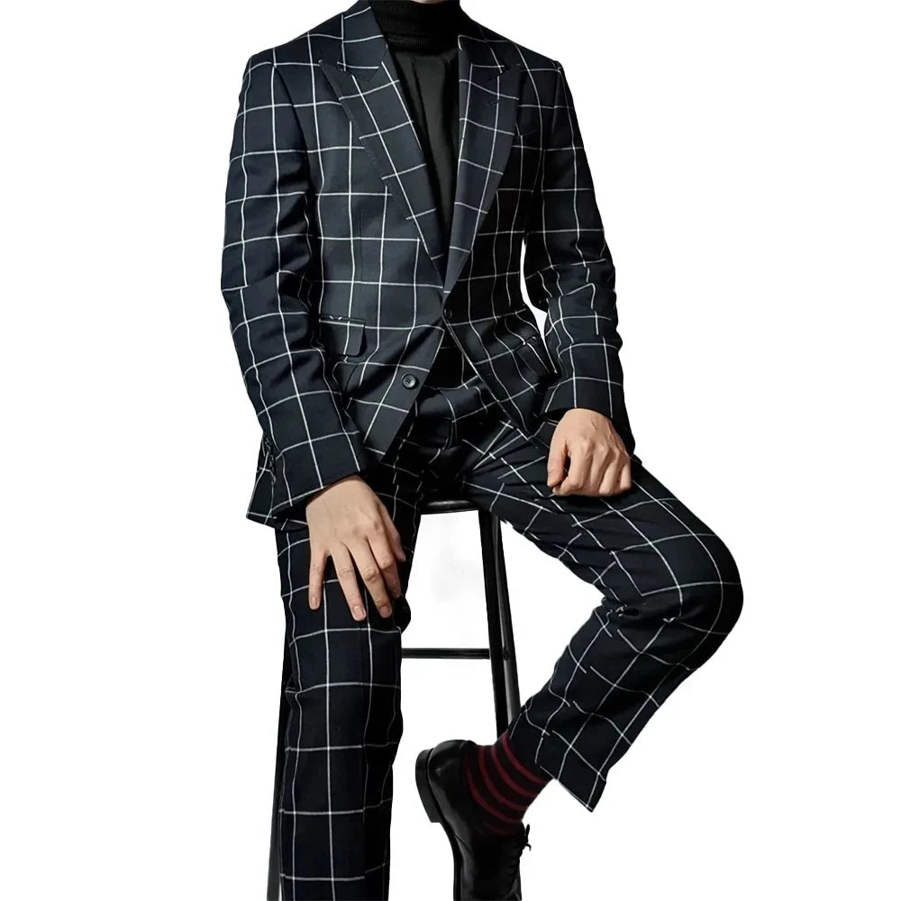 Check Formal Men's Suits for Wedding Plaid Groom Tuxedo Blazer with Pants 2 Pieces Peak Lapel Single Breasted Slim Fit Prom Suit