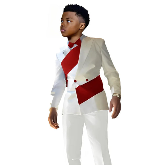Satin Boys Suit 2 Pieces Set Double Breasted White Jacket with Pants Wedding Tuxedo Kids for 2-16 Years Old Boy Slim Fit Suit