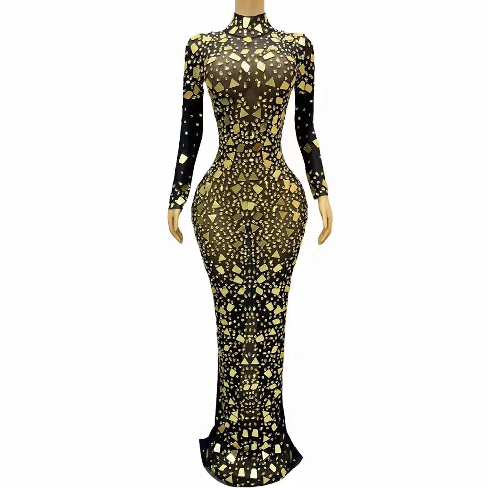 Flashing Gold Mirrors Birthday Celebrate Rhinestones Long Sleeves Dress Mesh Transparent Costume Fancy Black Photoshoot Outfit