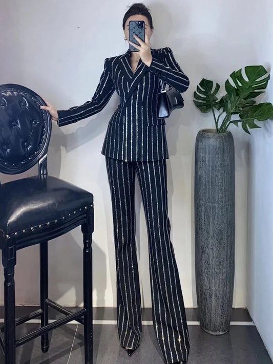 High-End Grijze Zware Lndustrie Hot Boorpak VrouwenElegante DubbeleRij Knopen Jas Wijde Pijpen Broek Trajes Elegantes Para Mujer