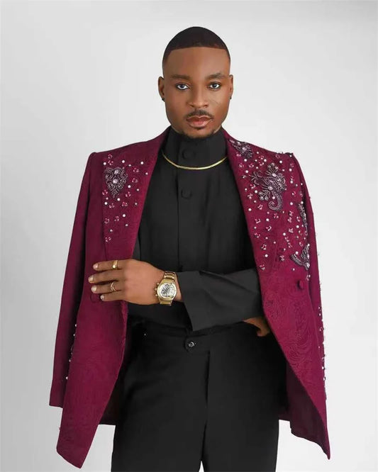 Burgundy Jacquard Men Suits Set 2 Pieces Blazer+Black Pants Trousers Crystals Wedding Tuxedos Jacket Formal Office Male Coat