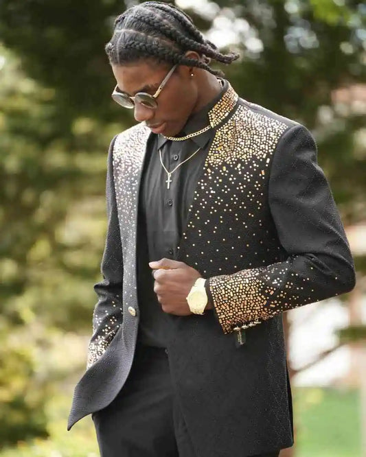 Luxury Men's Suits 2 Pieces Blazer Pants One Button Beads Wedding Groom Dinner Party Slim Fit Custom Made Plus Size