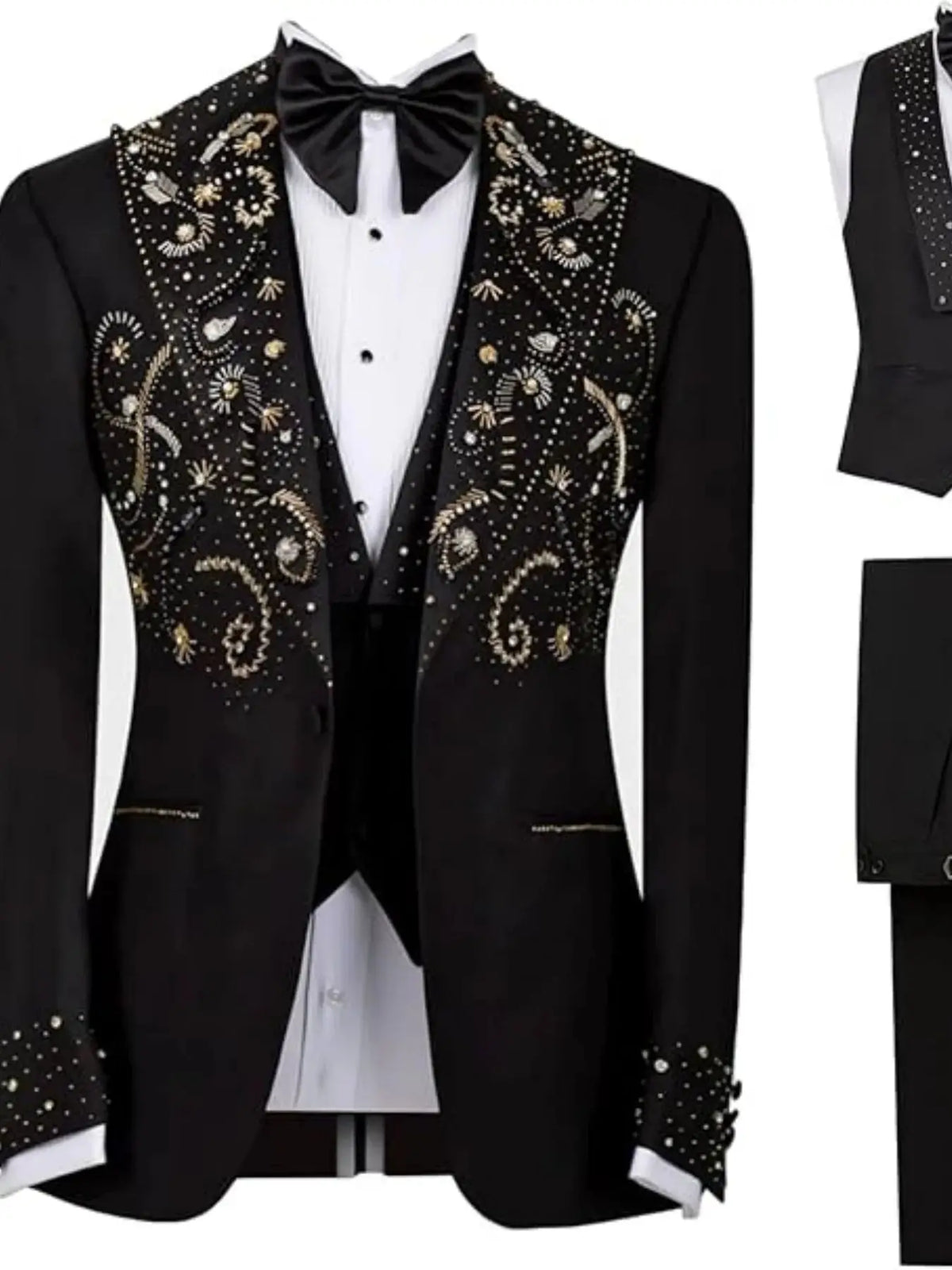 Luxury Gold Beads Men Suits Lapel Groom Best Men Party Tuxedos Custom Made 3 Pieces Sets Male Blazers Slim Fit Costumes Homme