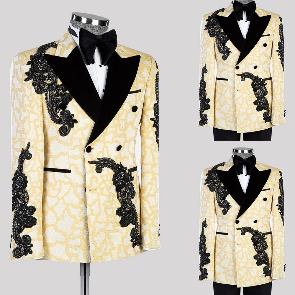 Luxury Men's Suits Appliques Beading Tailor-Made Peaked Lapel Jacket Double Breasted Blazer Groom Customized Coat Black Pants