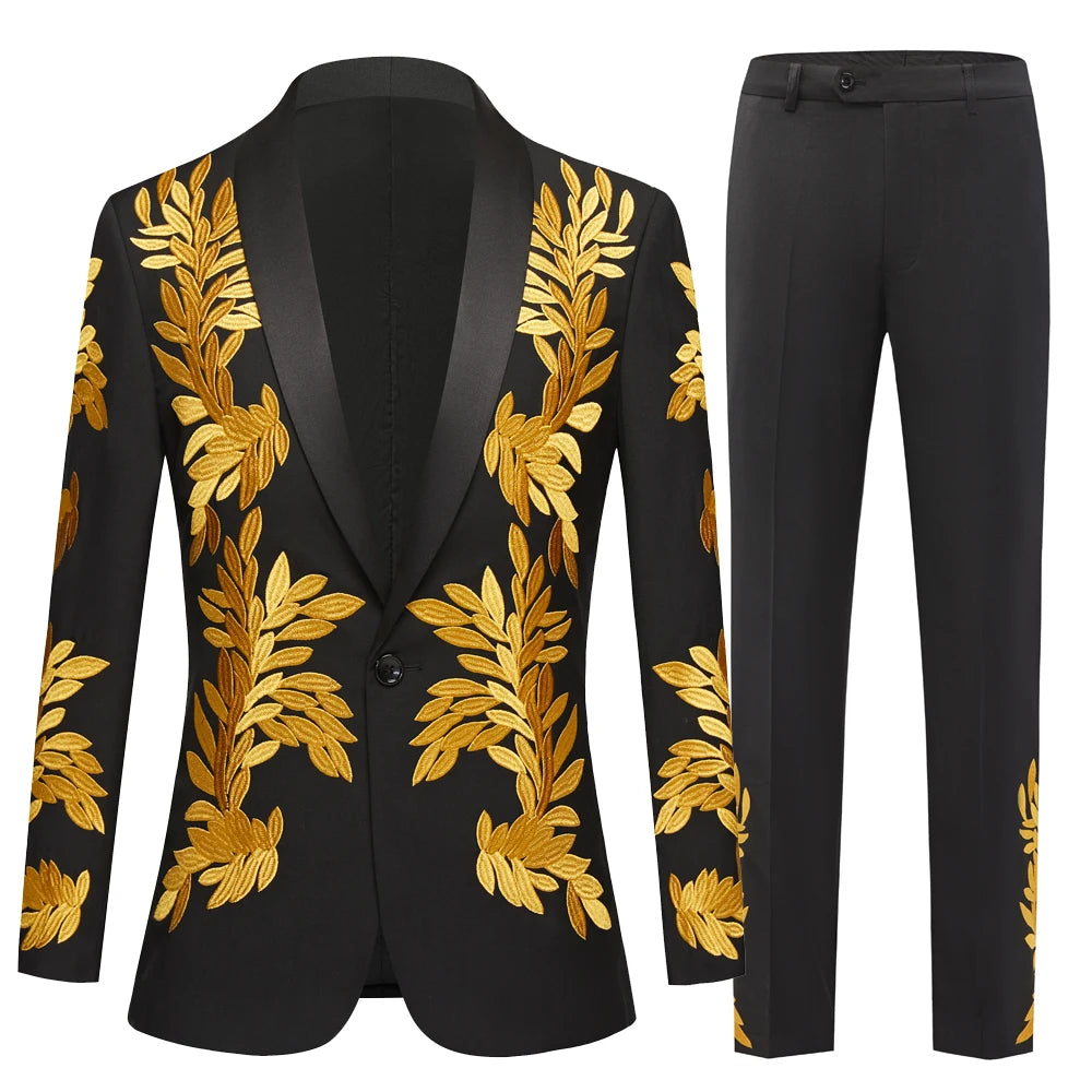 Elegant Men's Black Floral Embroidered Tuxedo Suit Set for Weddings, Prom, and Formal Events