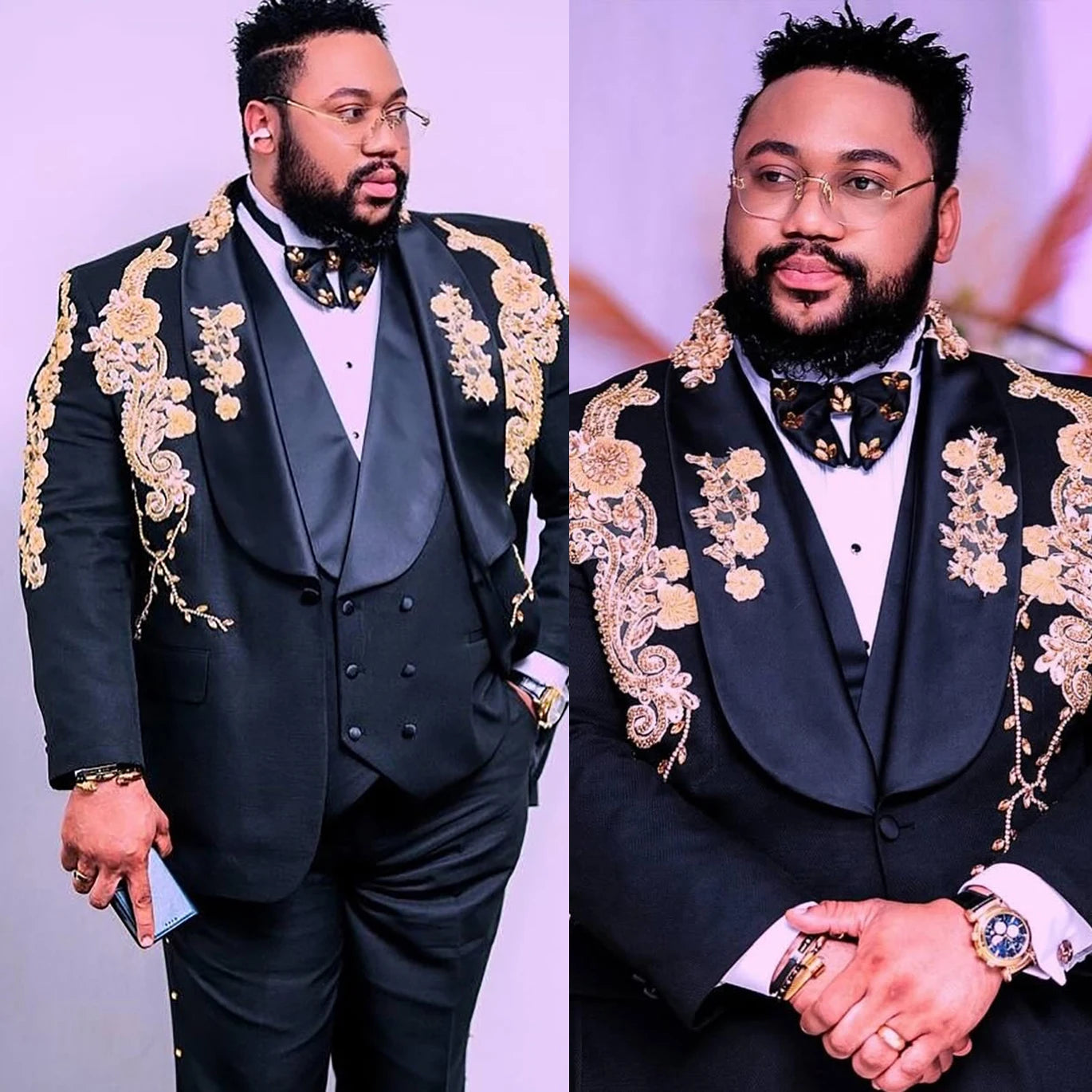 Men Suits Appliques Rhinestone Tailor-Made 3 Pieces Shawl Lapel Jacket Blazer One Button Groom Customized Coat Vest Pants