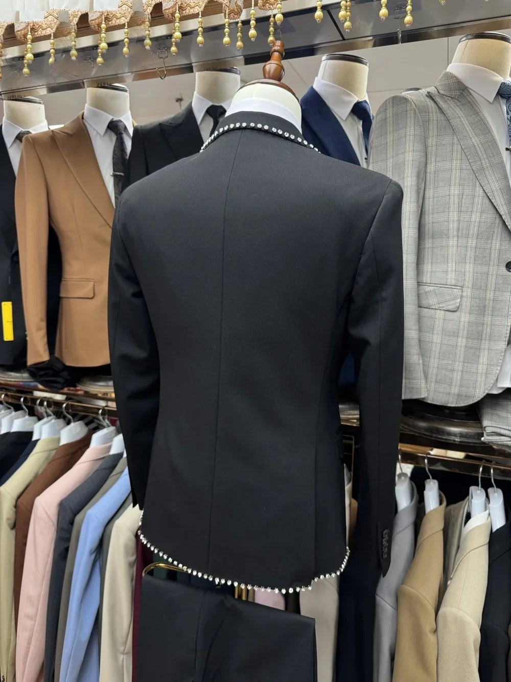 Fashion Men's Suit Peaked Lapel Jacket Rhinestone Tailor-Made 2 Pieces Set Blazer Double Breasted Customized Coat Pants