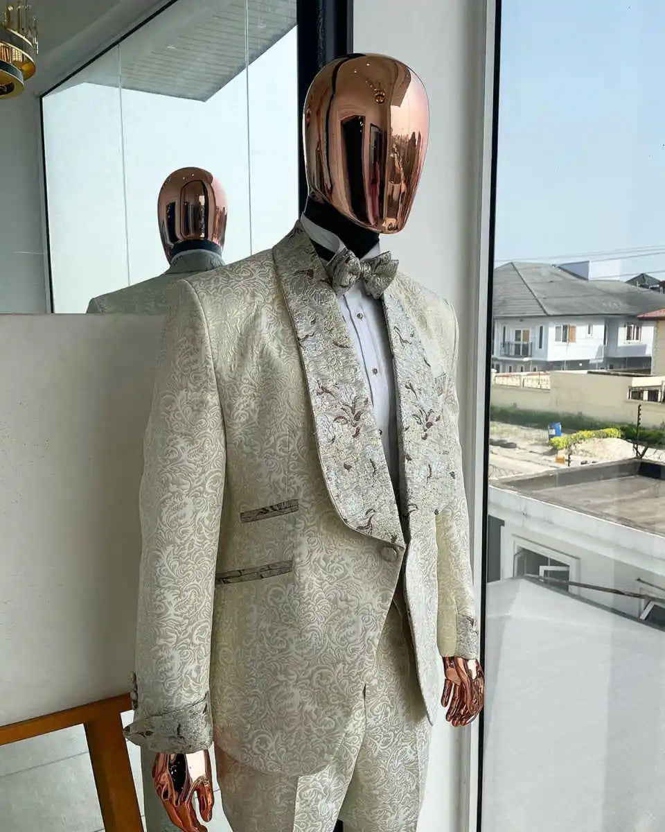Elegant Wedding Tuxedos Jacquard One Button Men Suit Shawl Lapel 3 Piece Set Jacket Vest Pants Evening Groom Blazers Customized