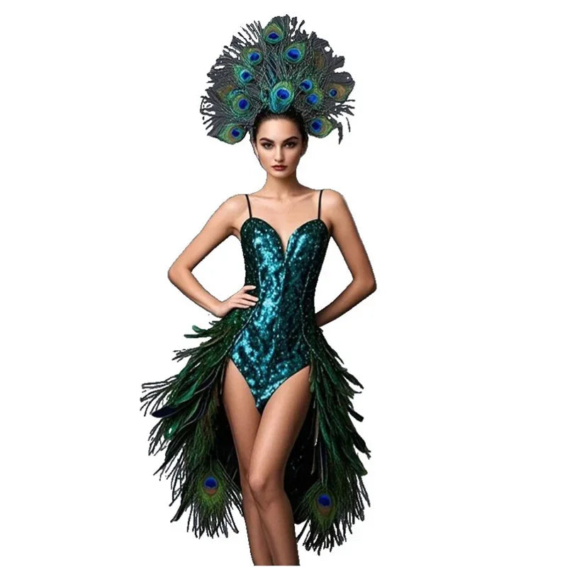 Hi Melody Peacock Feather Dress Headdress Party Gown for Women Nice Carnival Costume Photoshoot Stage Cosplay