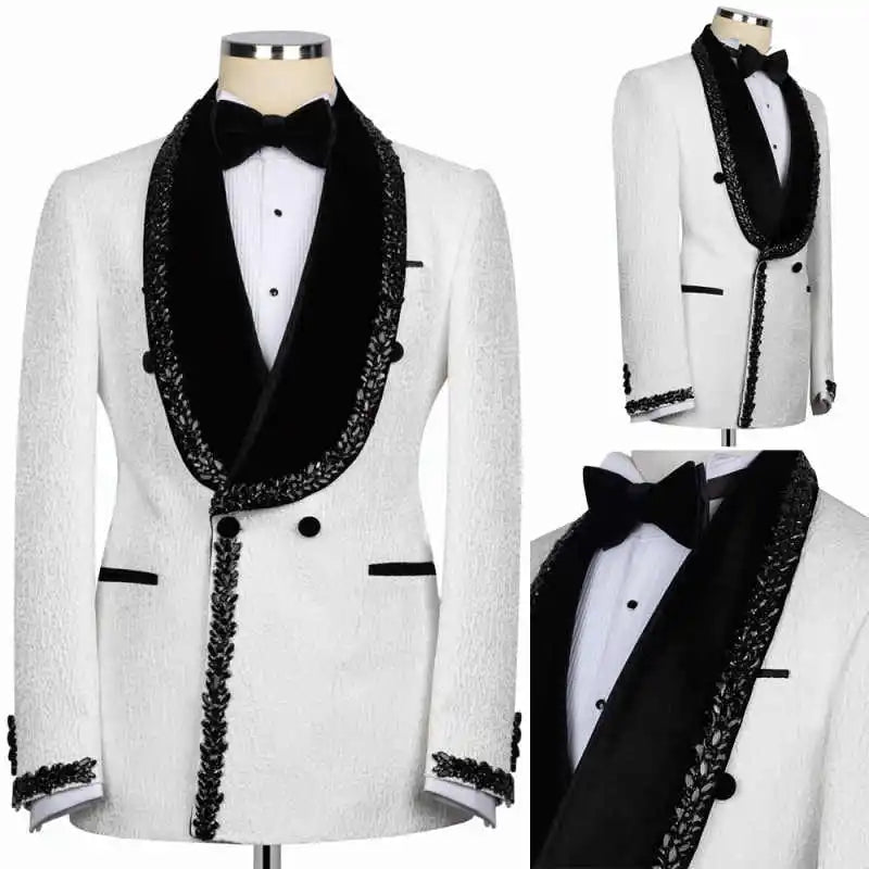 Vintage Crystal Men Wedding Suits Peaked Lapel Tuxedo Groom Wear 2 Pcs Jacket Pants Business Prom Evening Party Customized