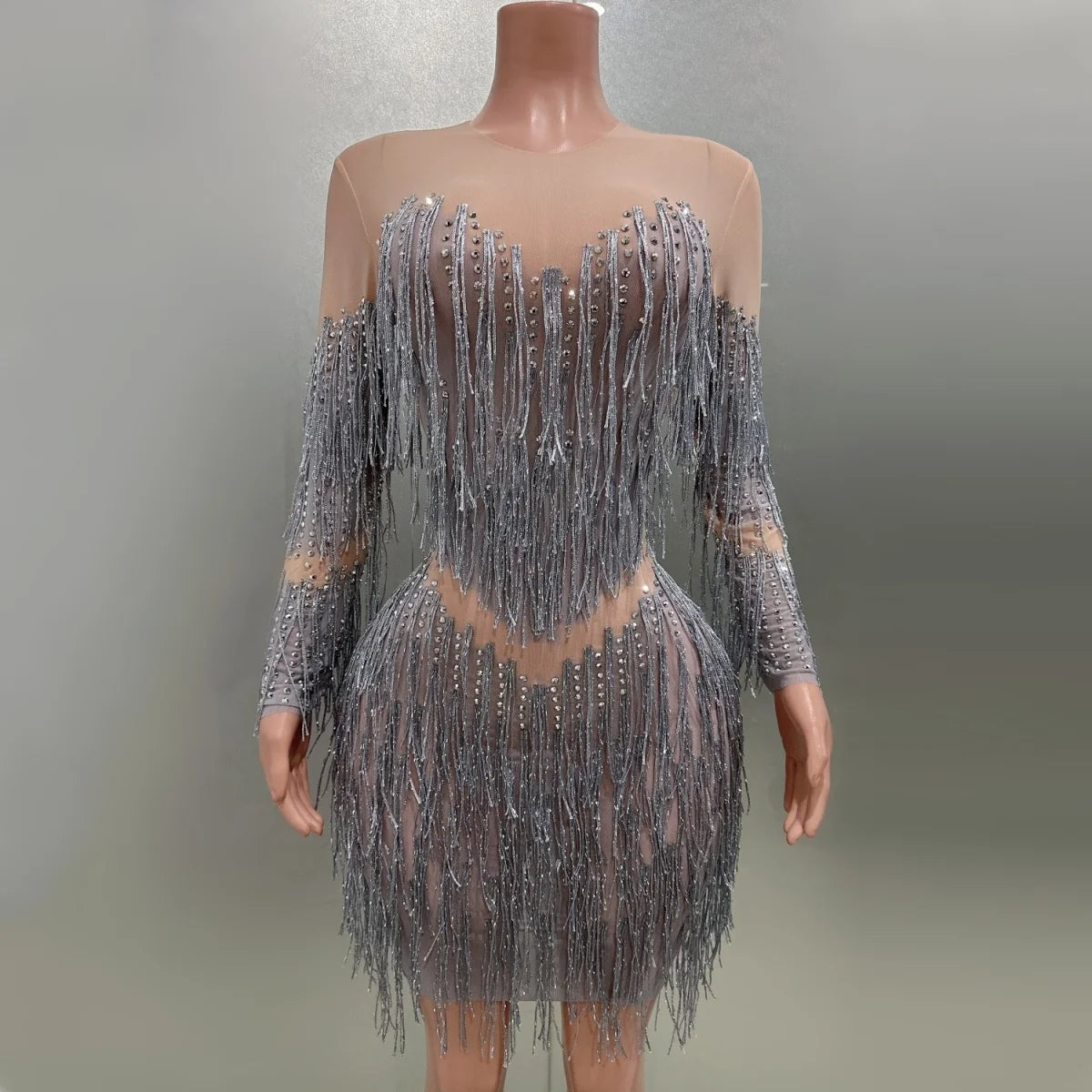 Robe fourreau sexy à manches longues et pompons gris argenté scintillants, tenue de soirée, de spectacle, de discothèque, de chanteur ou de danseuse