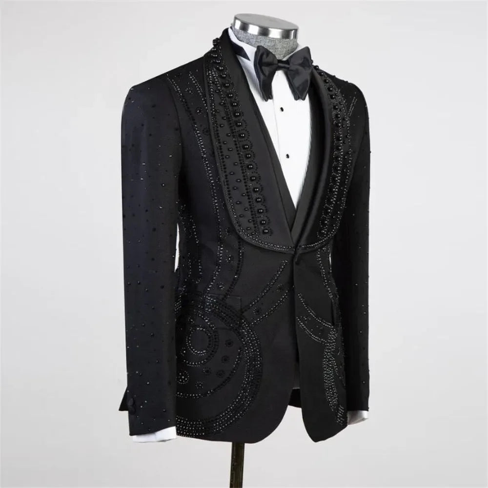 Men Suits Wedding Tailor-Made Pearls Beading Shawl Lapel 3 Pieces Set Coat One Button Groom Blazer Customized Jacket Vest Pants