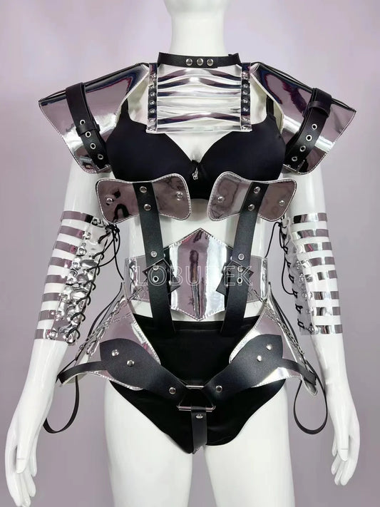 Bar Dance Team Stage Wear Gold Silver Laser Leather Future Warrior Armor Cosplay Costume DJ Gogo Rave Outfit Performance Clothes