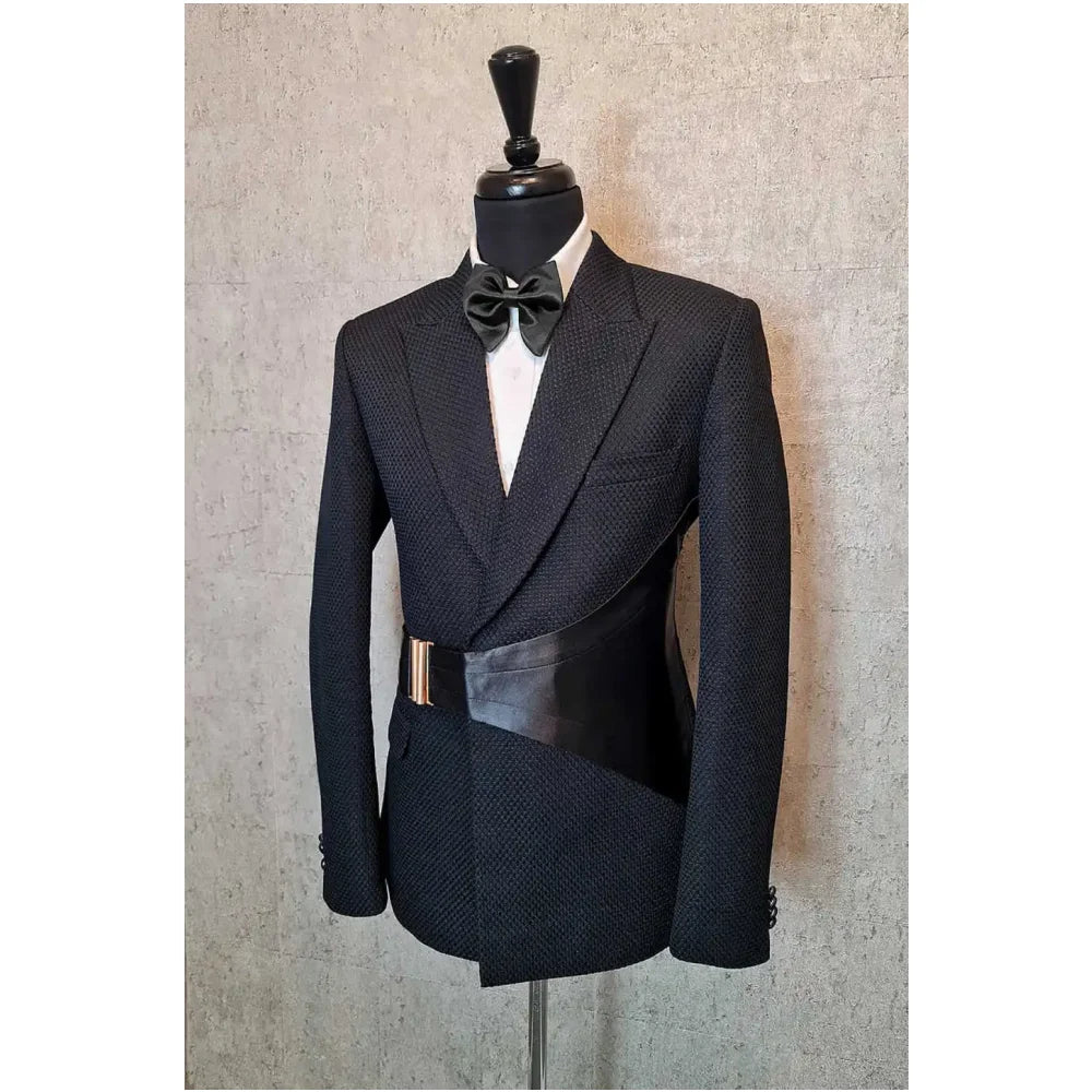 Unique Wedding Tuxedo for Slim Fit Men Suits 2 Pcs Peaked Lapel with Buckle Party Groom Business Blazer Custom Jacket Pants