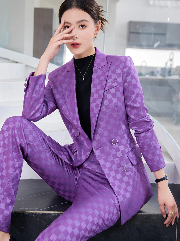 Fashion Ladies Formal Pant Suit Women Purple Pink Black Plaid Jacket and Trouser Female Business Work Wear 2 Piece Blazer Set