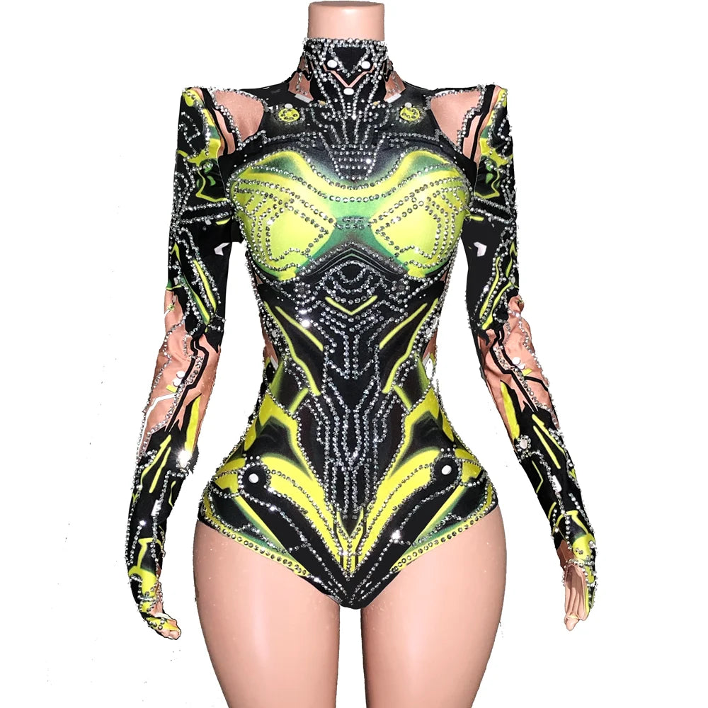Sparkly Rhinestones Long Sleeve Bodysuit for Women Sexy Performance Dance Costume Singer Dancer Show Stage Wear Nightclub Outfit