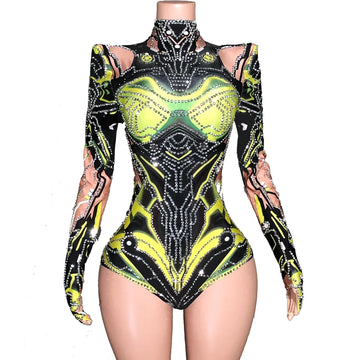 Sparkly Rhinestones Long Sleeve Bodysuit for Women Sexy Performance Dance Costume Singer Dancer Show Stage Wear Nightclub Outfit