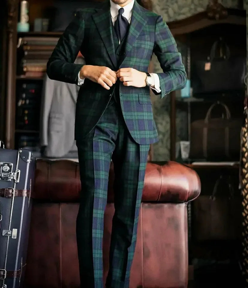 Plaid Classic Men Wedding Suits Notched Lapel Single Breasted Tuxedos Groom Party 3 Pcs Blazer Pants Vest Customized Made