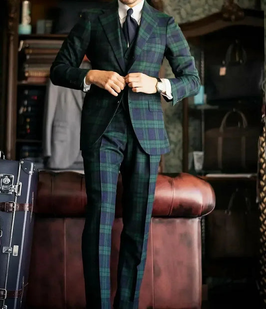 Plaid Classic Men Wedding Suits Notched Lapel Single Breasted Tuxedos Groom Party 3 Pcs Blazer Pants Vest Customized Made