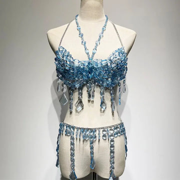 Luxury Blue Beaded Bikini Music Rave Party Body Chain Jewelry Bridal Wedding Accessories Fringe Crystal Mermaid Bra Top & Skirt
