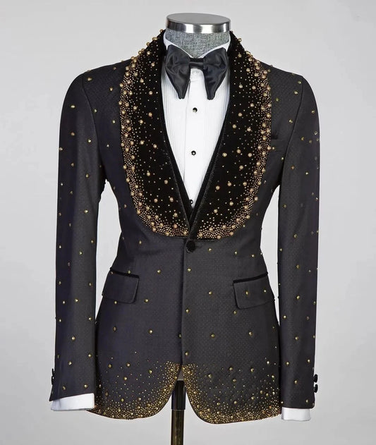 Blazer de 3 piezas con perlas y exquisitos pantalones y chaleco para hombre, traje de un botón con solapa de pico, formal, para graduación, boda, novio, talla grande, a medida.
